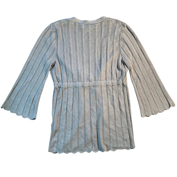 Vintage Gray Ribbed Knit Tie Waist Scalloped Hem Cardigan Sweater Small Y2K 90s - Picture 2 of 16